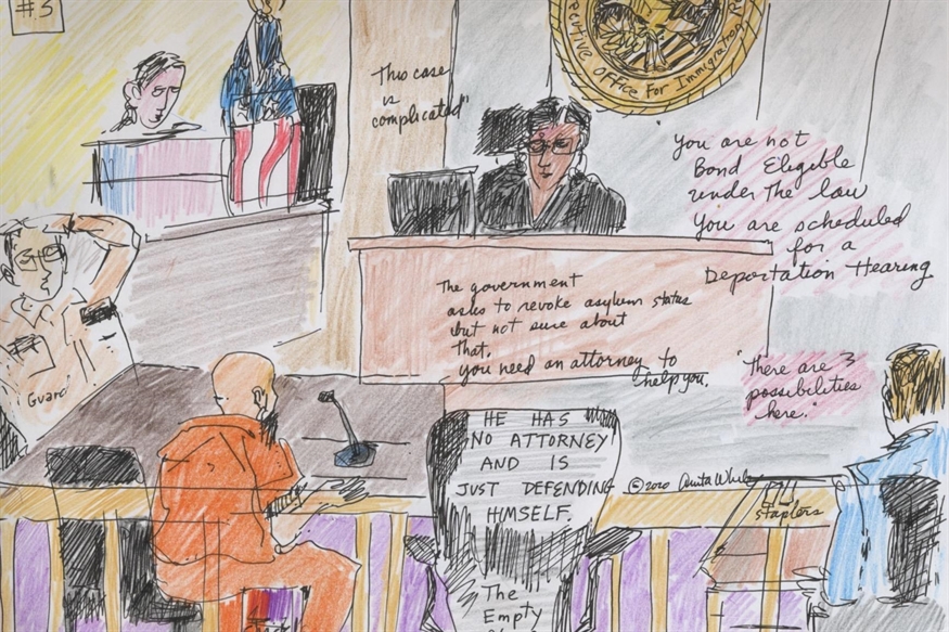 [ai] A courtroom scene depicting a judge, a defendant in orange prison attire without a lawyer, and a guard. The judge reads a statement about bond eligibility and a deportation hearing. Visible notes on the table indicate the defendant's self-representation.